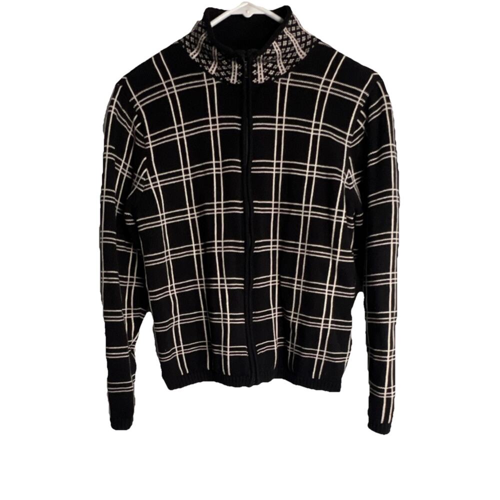 Vintage Talbots Plaid Zip Cardigan Sweater Sz M Black White Mock Neck Preppy